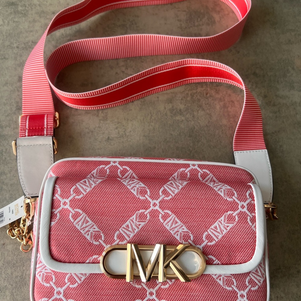 Michael Kors Pink and White Crossbody Bag with Gold Hardware